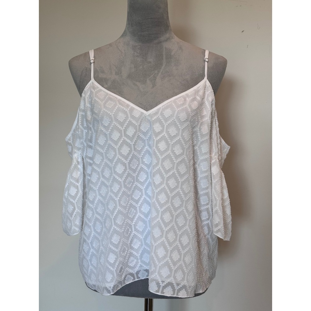 Guess Y2K White Geometric Eyelet Cold Shoulder V-Neck Top XL Adjustable Straps